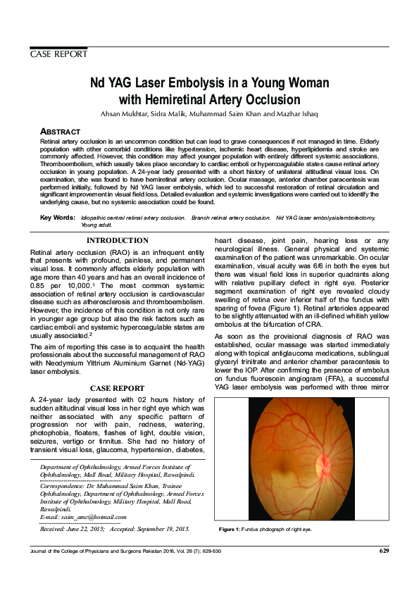 (PDF) Nd YAG Laser Embolysis in a Young Woman with Hemiretinal Artery ...