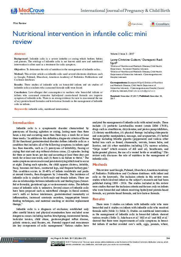 (PDF) Nutritional Intervention in Infantile Colic Mini Review Lanny