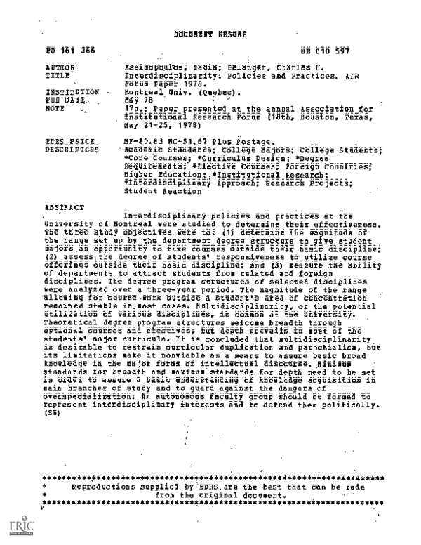 (PDF) Interdisciplinarity: Policies and Practices. AIR Forum Paper 1978