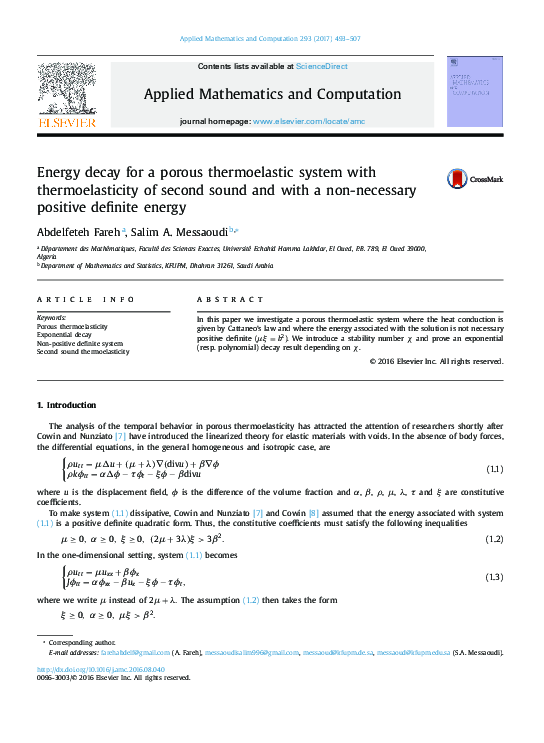 (PDF) Energy decay for a porous thermoelastic system with ...