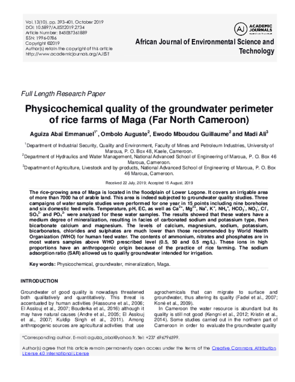 (PDF) Physicochemical quality of the groundwater perimeter of rice ...