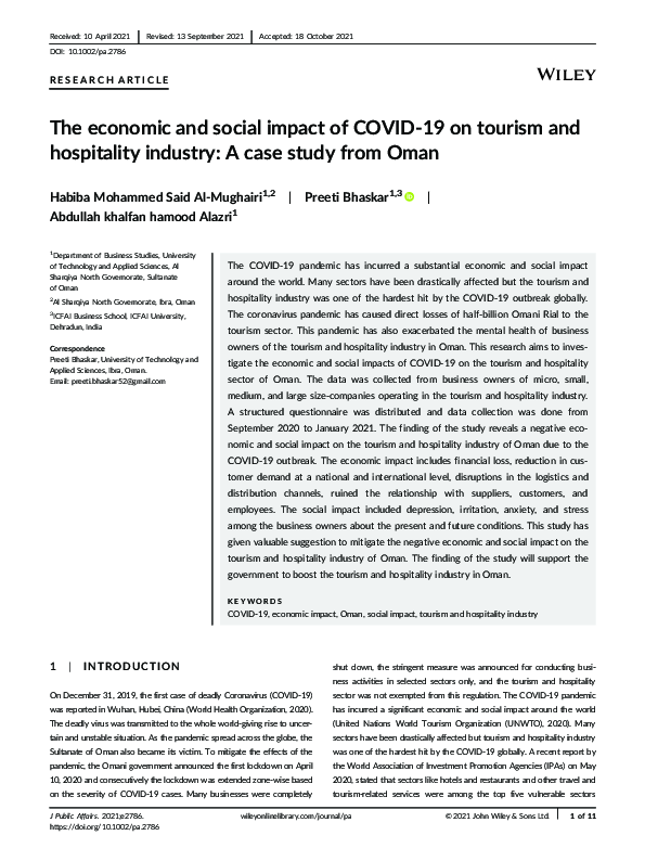(PDF) The economic and social impact of COVID ‐19 on tourism and ...