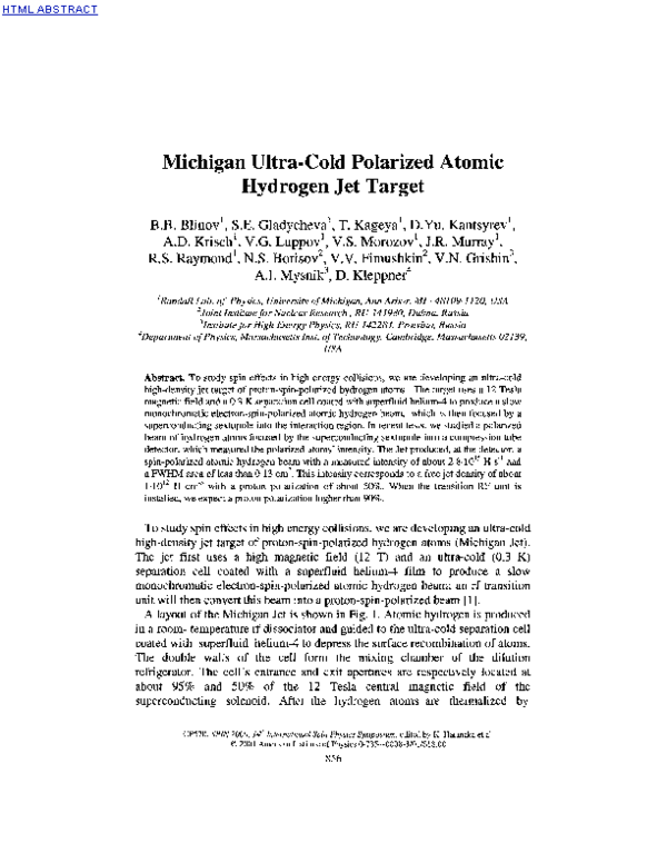 (PDF) Michigan ultra-cold polarized atomic hydrogen jet target