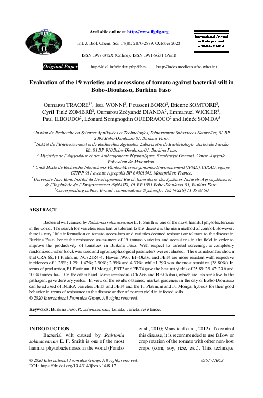 Evaluation of the 19 varieties and accessions of tomato against bacterial wilt in Bobo-Dioulasso, Burkina Faso