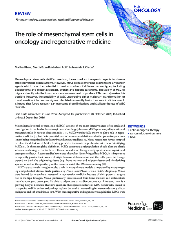 (PDF) The role of mesenchymal stem cells in oncology and regenerative ...