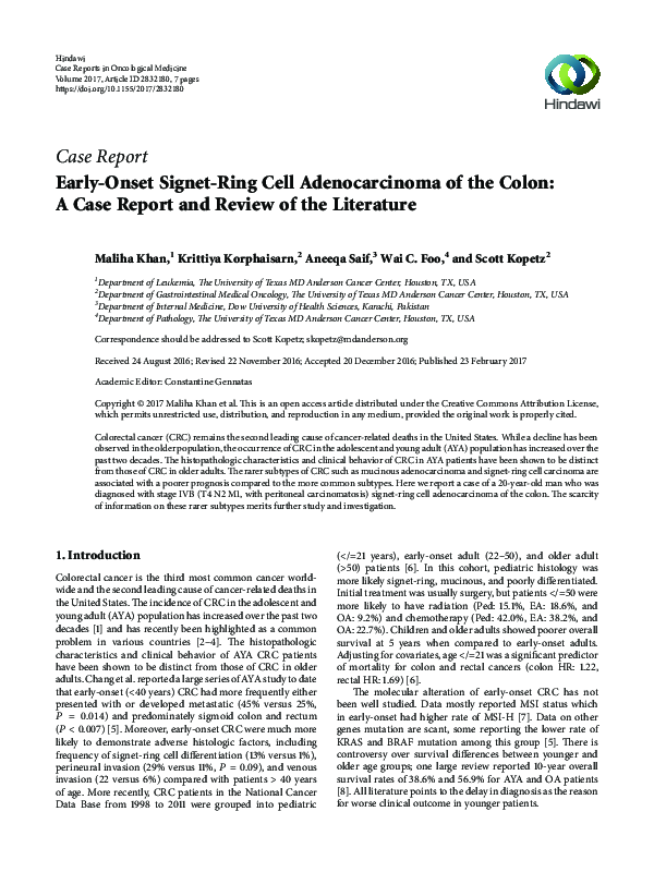(PDF) EarlyOnset Cell Adenocarcinoma of the Colon A Case