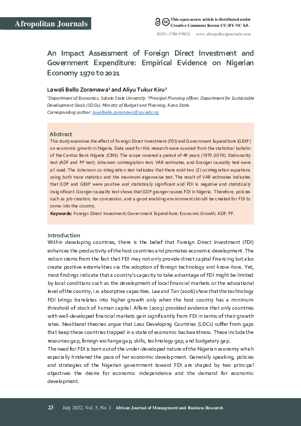 (PDF) An Impact Assessment of Foreign Direct Investment and Government ...