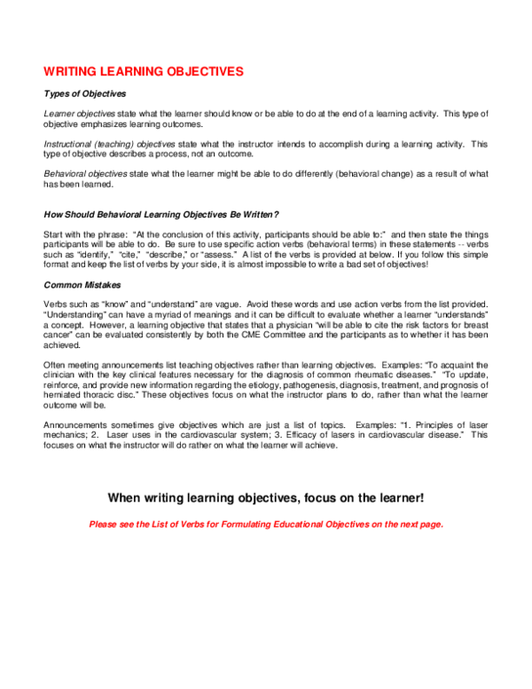 (PDF) Writing learning objectives