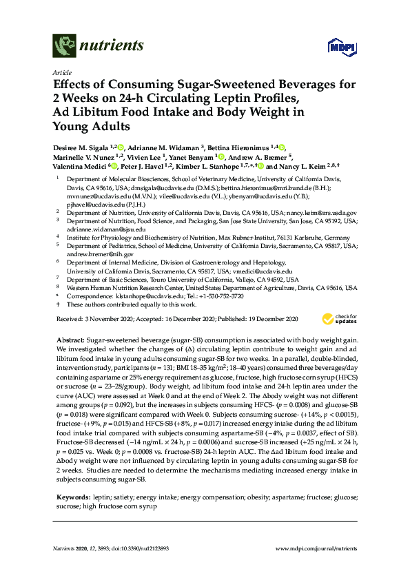 (PDF) Effects of Consuming Sugar-Sweetened Beverages for 2 Weeks on 24 ...