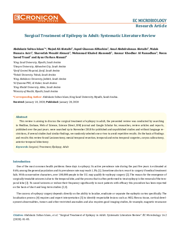 (PDF) Surgical Treatment of Epilepsy in Adult: Systematic Literature Review