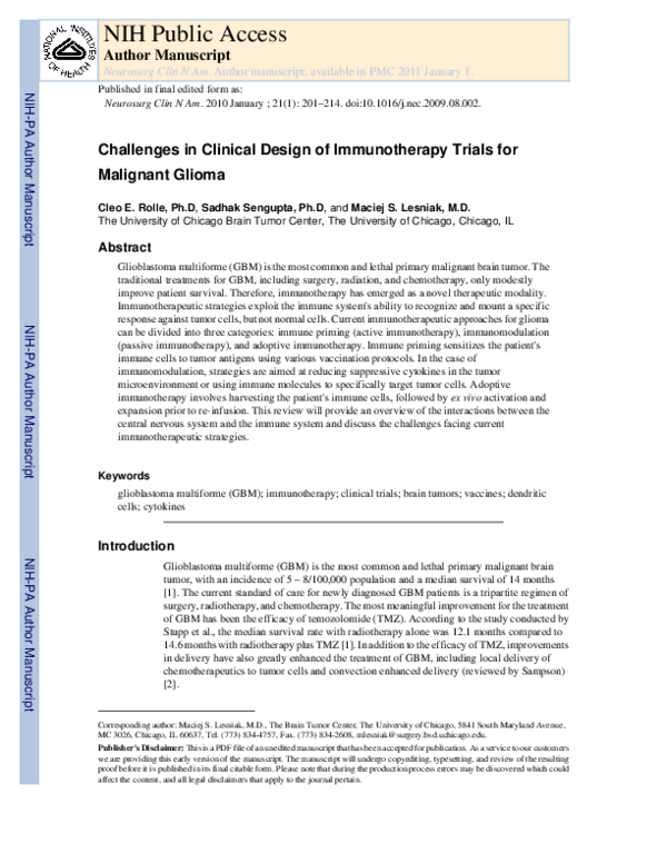(PDF) Challenges in Clinical Design of Immunotherapy Trials for ...