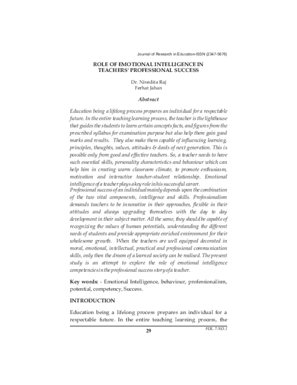 (PDF) Role of Emotional Intelligence in Teachers Professional Success