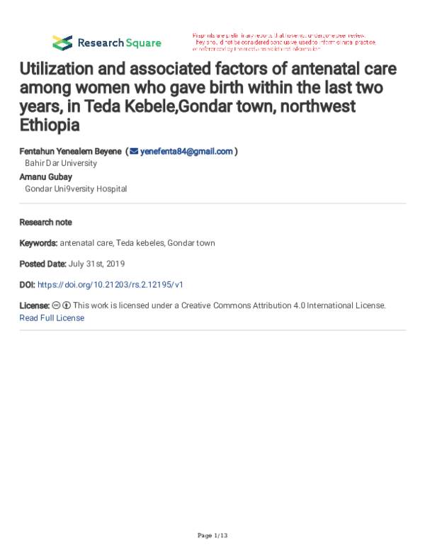 (PDF) Utilization and associated factors of antenatal care among women ...