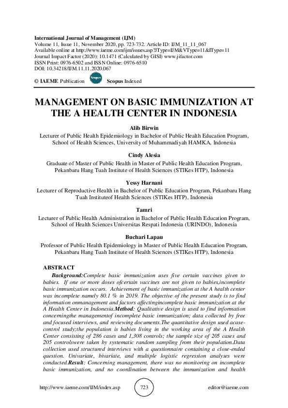 (PDF) Management on Basic Immunization at the a Health Center in Indonesia