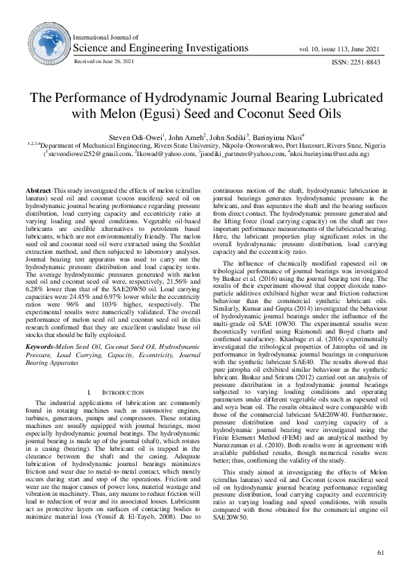 (PDF) The Performance of Hydrodynamic Journal Bearing Lubricated with ...