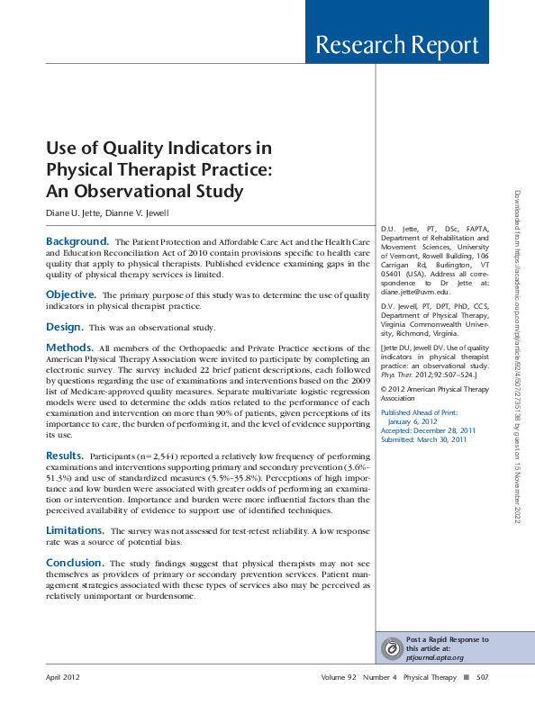 (PDF) Use of Quality Indicators in Physical Therapist Practice An
