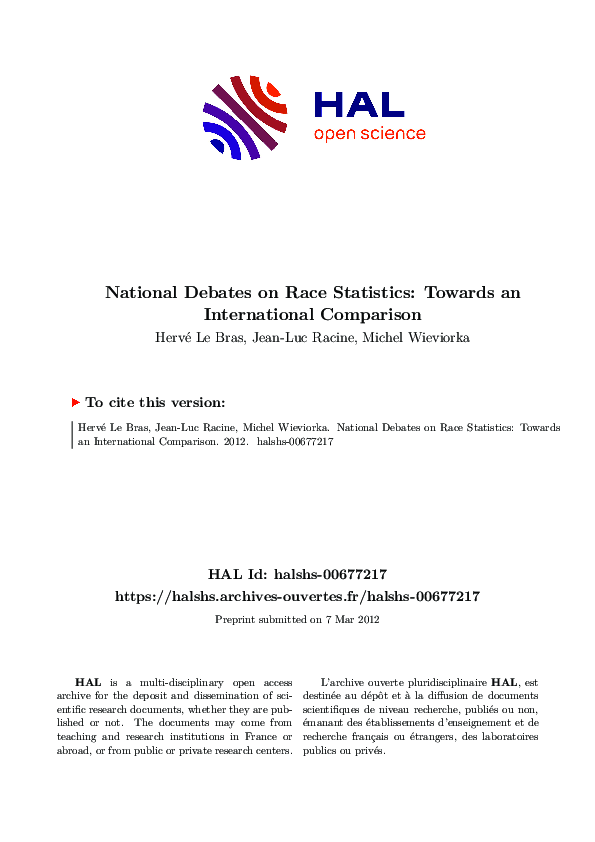 (PDF) National Debates on Race Statistics: Towards an International ...