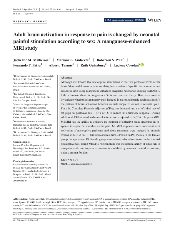 (PDF) Adult brain activation in response to pain is changed by neonatal ...