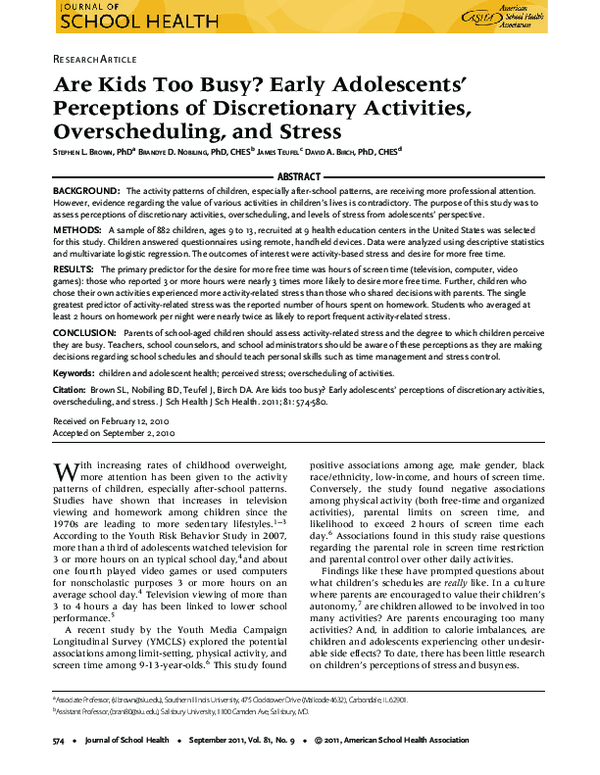 (PDF) Are Kids Too Busy? Early Adolescents' Perceptions of ...