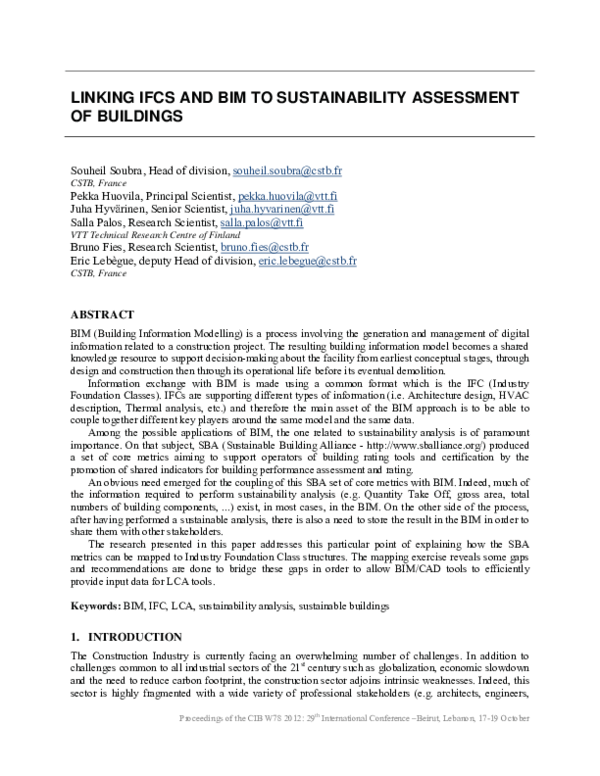 (PDF) Linking IFCs and BIM to Sustainability Assessment of Buildings