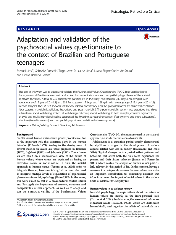 (PDF) Adaptation and validation of the psychosocial values ...