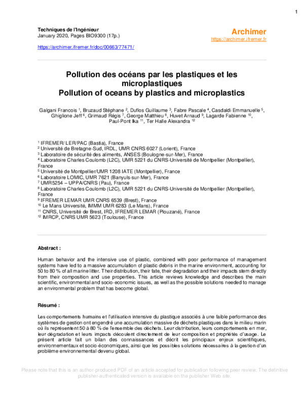 (PDF) Pollution des océans par les plastiques et les microplastiques