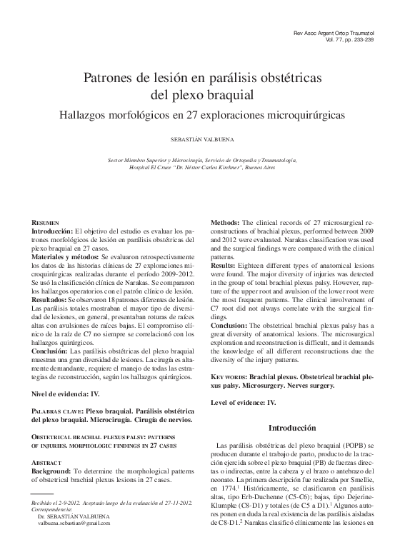 (PDF) Patrones de lesión en parálisis obstétricas del plexo braquial ...