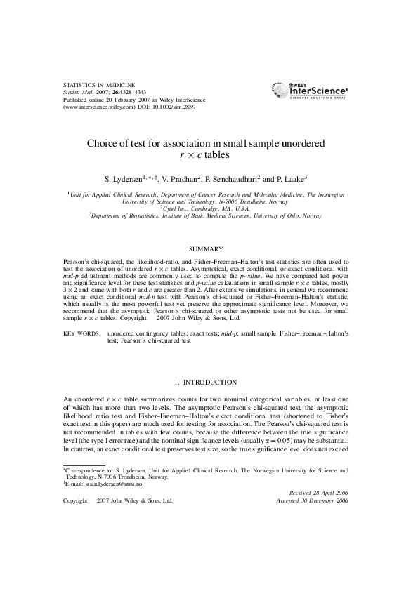 (PDF) Choice of test for association in small sample unorderedr ×c tables