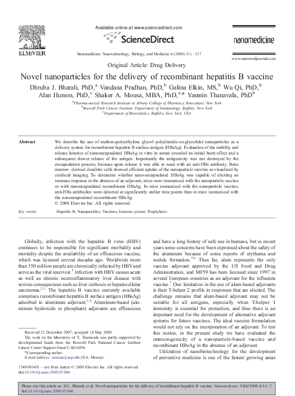 (PDF) Novel nanoparticles for the delivery of recombinant hepatitis B ...