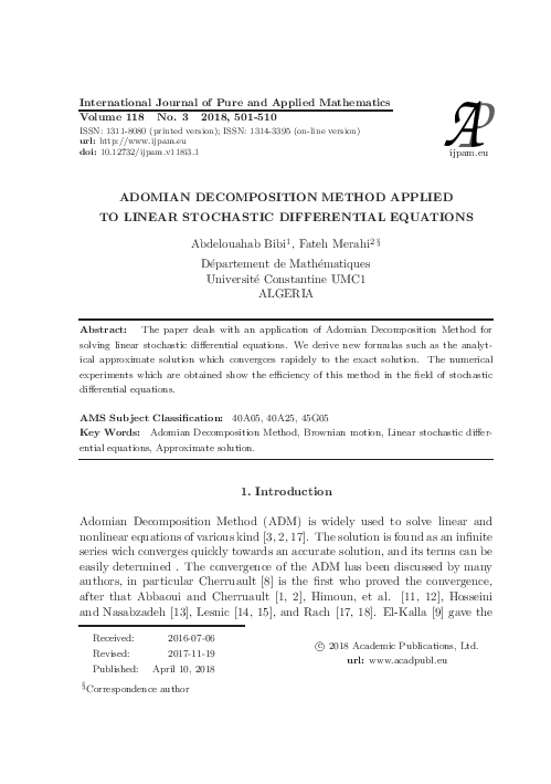 (PDF) Adomian Decomposition Method Applied to Linear Stochastic ...