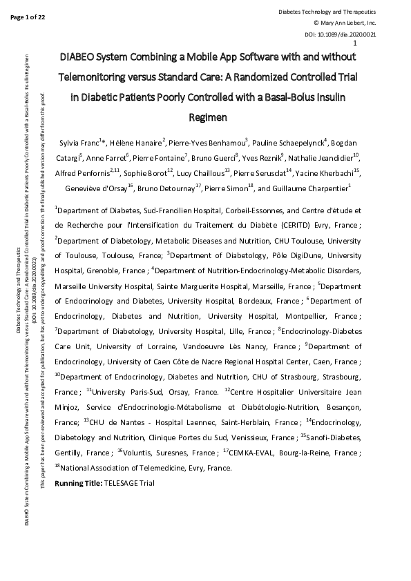 (PDF) DIABEO System Combining a Mobile App Software With and Without ...