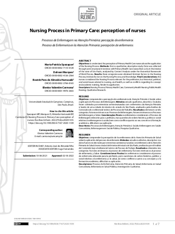 (PDF) Nursing Process in Primary Care: perception of nurses