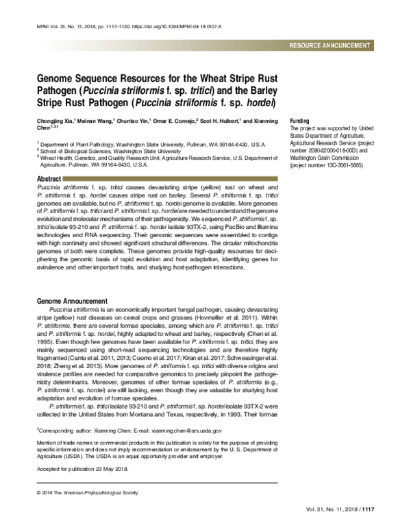 (PDF) Genome Sequence Resources for the Wheat Stripe Rust Pathogen ...
