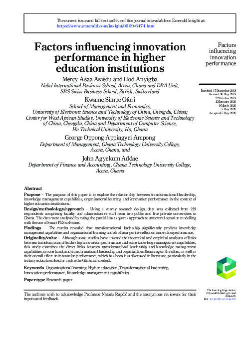 (PDF) Factors influencing innovation performance in higher education ...