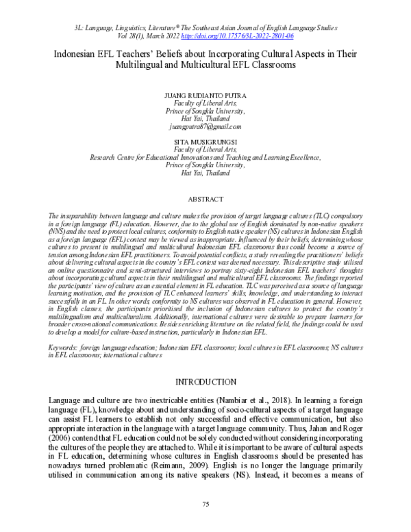 (PDF) Indonesian EFL Teachers’ Beliefs about Incorporating Cultural ...