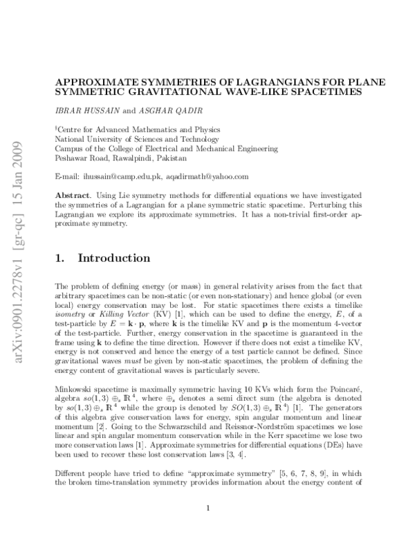 (PDF) Approximate symmetries of Lagrangians for plane symmetric ...