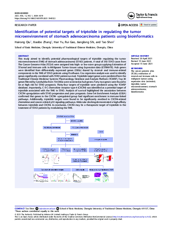 (PDF) Identification of potential targets of triptolide in regulating ...