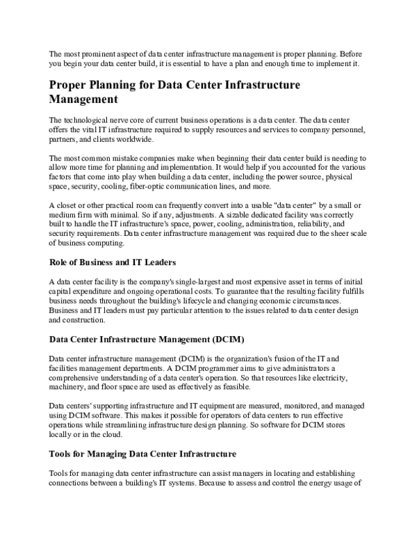 (DOC) Proper Planning for Data Center Infrastructure Management