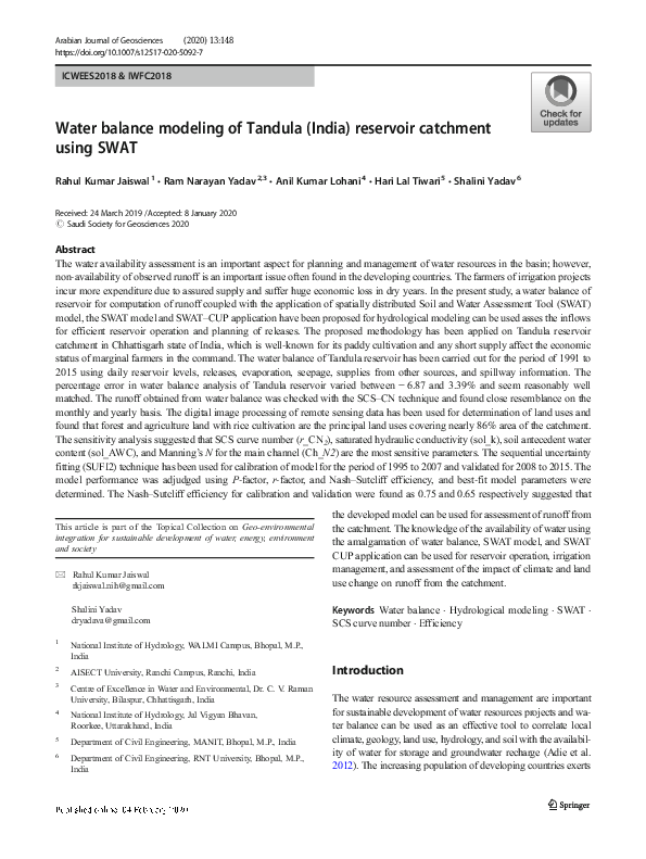 (PDF) Water balance modeling of Tandula (India) reservoir catchment ...