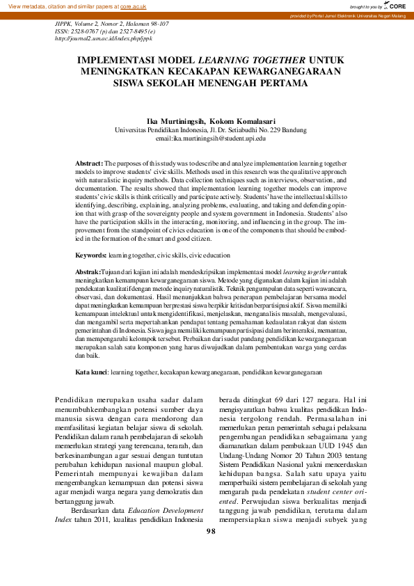 (PDF) Implementasi Model Learning Together Untuk Meningkatkan Kecakapan ...