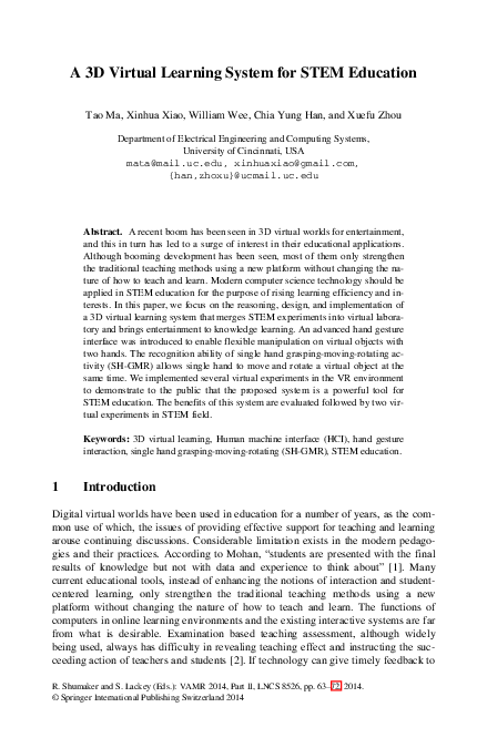 (PDF) A 3D Virtual Learning System for STEM Education | Xinhua Xiao ...