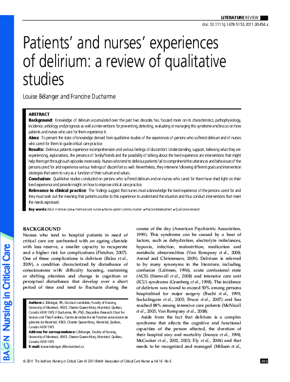 (PDF) Patients' and nurses' experiences of delirium a review of
