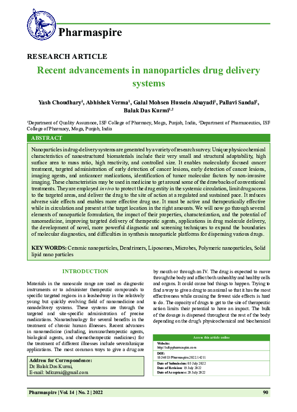 (PDF) Recent advancements in nanoparticles drug delivery systems