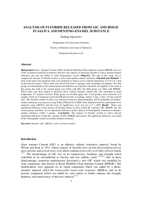 (PDF) Fluoride Released from GIC and RMGIC in Saliva and Dentino-Enamel ...