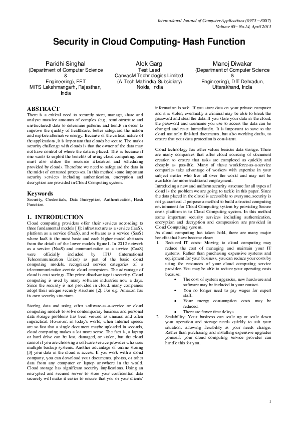 (PDF) Security in Cloud Computing- Hash Function