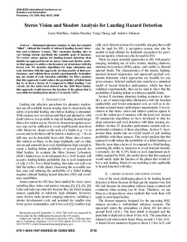 (PDF) Stereo vision and shadow analysis for landing hazard detection