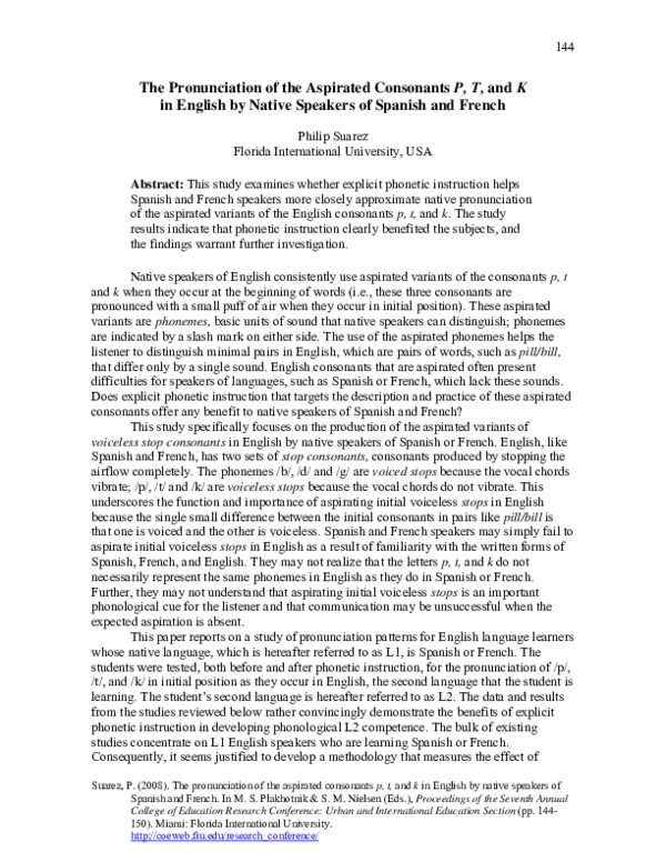 (PDF) The Pronunciation of the Aspirated Consonants P, T, and K in