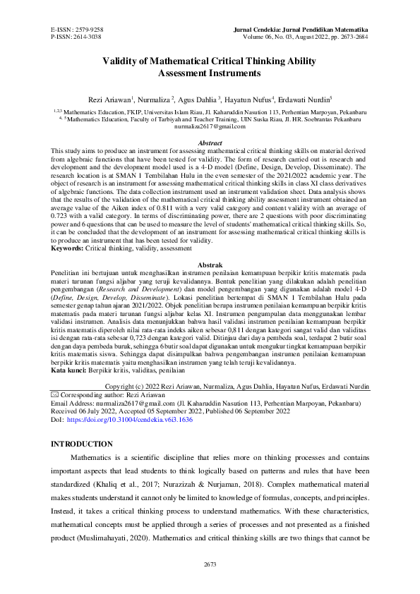 (PDF) Validity of Mathematical Critical Thinking Ability Asessment ...