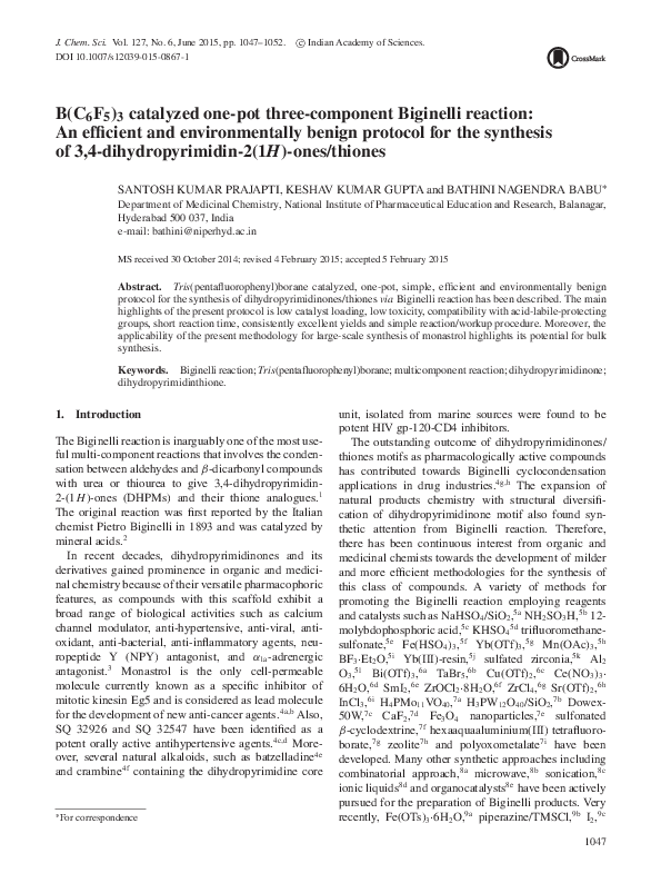 (PDF) B(C6F5)3 catalyzed one-pot three-component Biginelli reaction: An ...