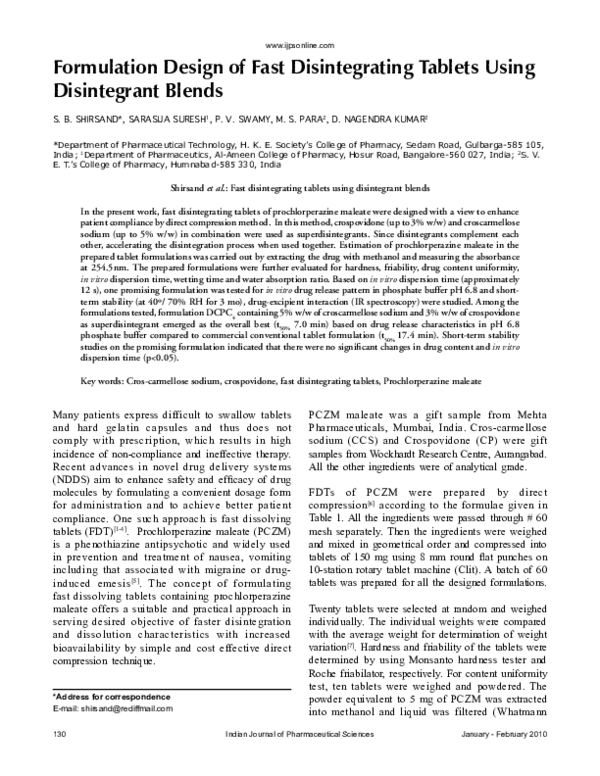 (PDF) Formulation design of fast disintegrating tablets using ...